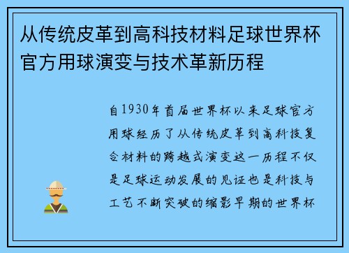 从传统皮革到高科技材料足球世界杯官方用球演变与技术革新历程